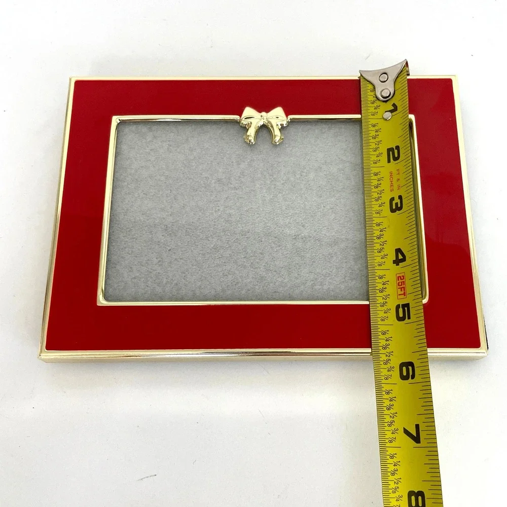 Vintage Red Enamel Gold Tone Bow Picture Frame 4x6 Landscape Tabletop Wall Decor